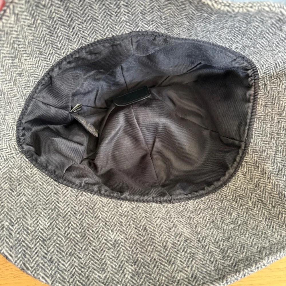 Vtg Coach‎ Wool Herringbone Bucket Hat Leather Trim Gray British Heritage Twee